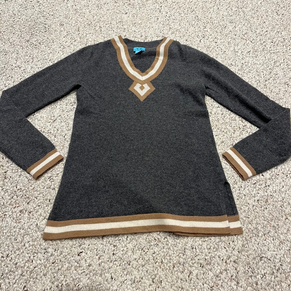 Two Bees Cashmere Sweater V Neck Sz S Stripe Gray Preppy Quiet Luxury Old Money